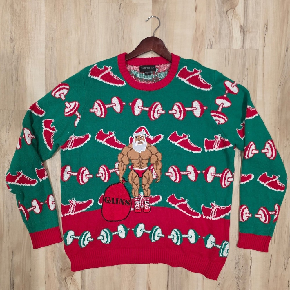 Blizzard Bay Mens XL Muscle Santa Gains Ugly Christmas Sweater Fitness Gym Green